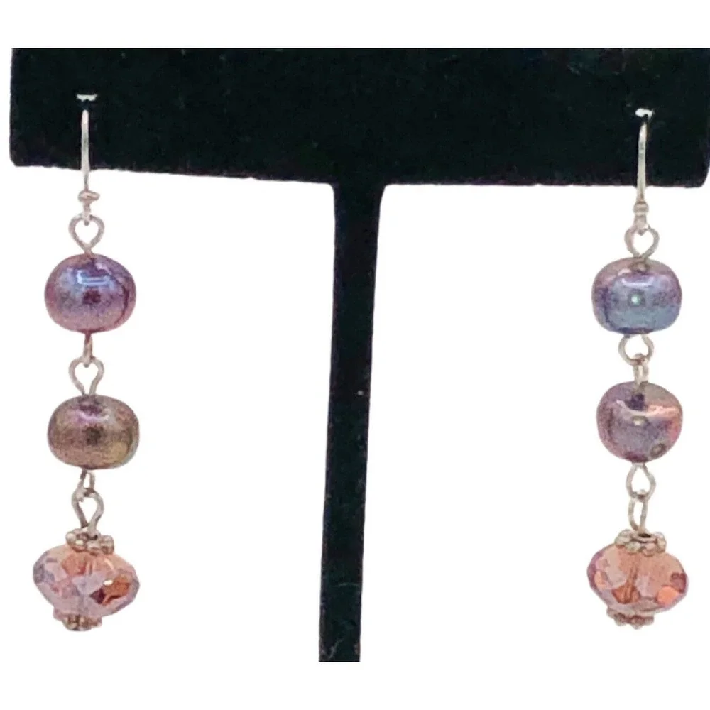 Natural Peacock Black Freshwater Pearl Crystal Bead Dangle Earrings
